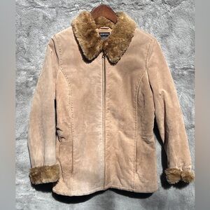 EUC George Women's Tan Leather and Faux Fur Jacket Size Medium (8-10)